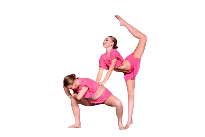 Two young dancers performing an acro dance pose at Revolution School of Dance