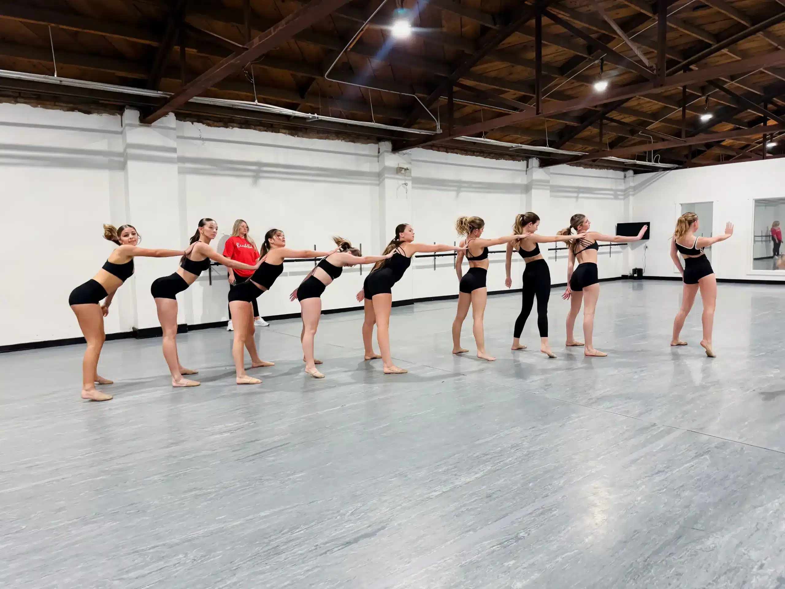Dance class line formation stretch practice